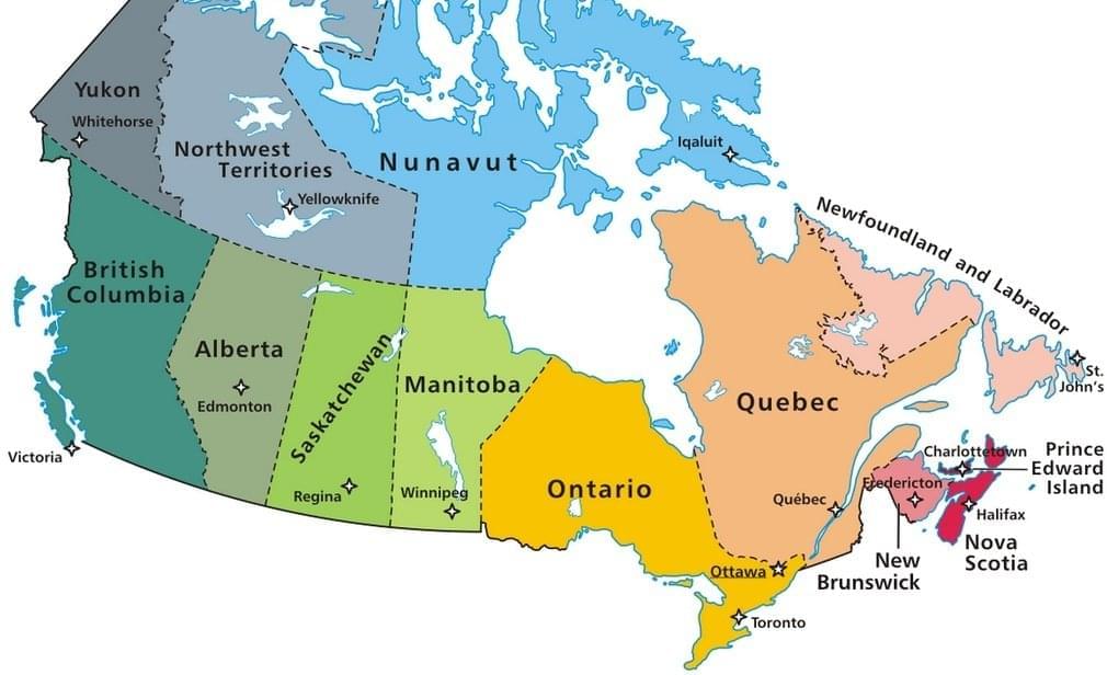 Провинции и территории Канады на карте