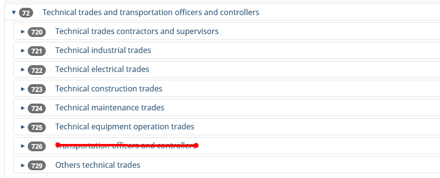 Подходящие коды в NOC категории 72 для программы Federal Skilled Trades